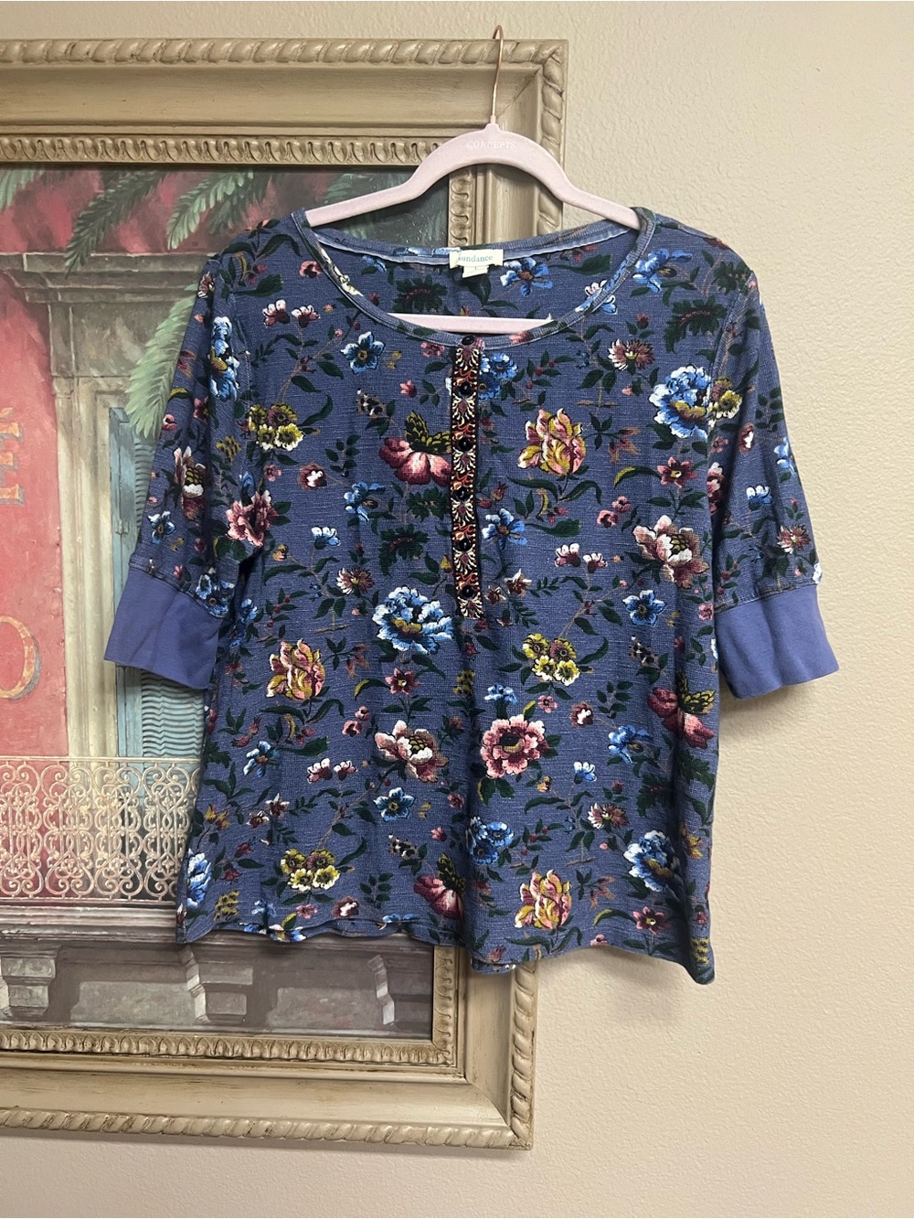Sundance Blue Floral Textured Henley Top